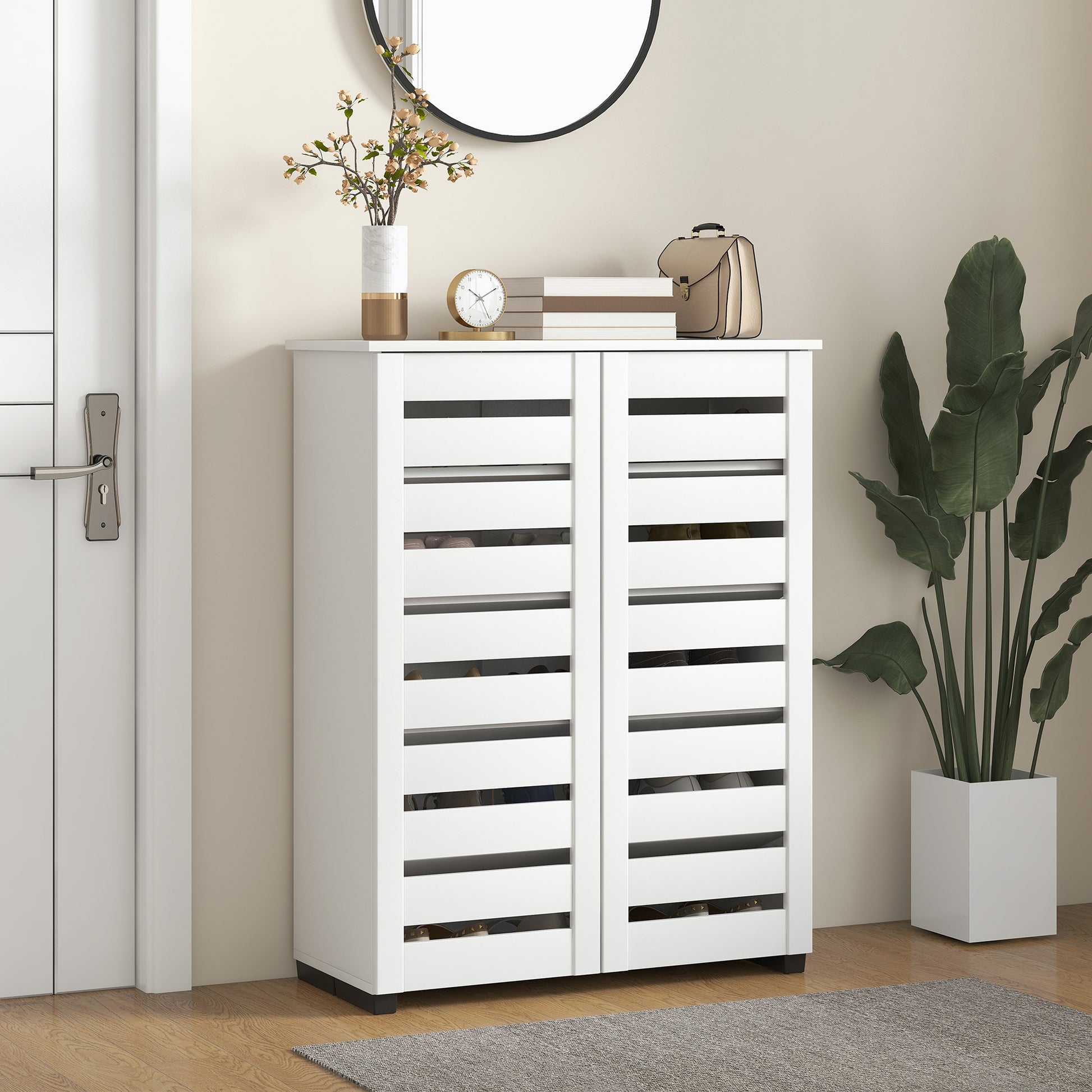 5-Level Shoe Rack with 4 Adjustable Shelves and Slatted Doors, Modern Space-Saving Shoe Organizer in Wood, 76x33x98 cm, White