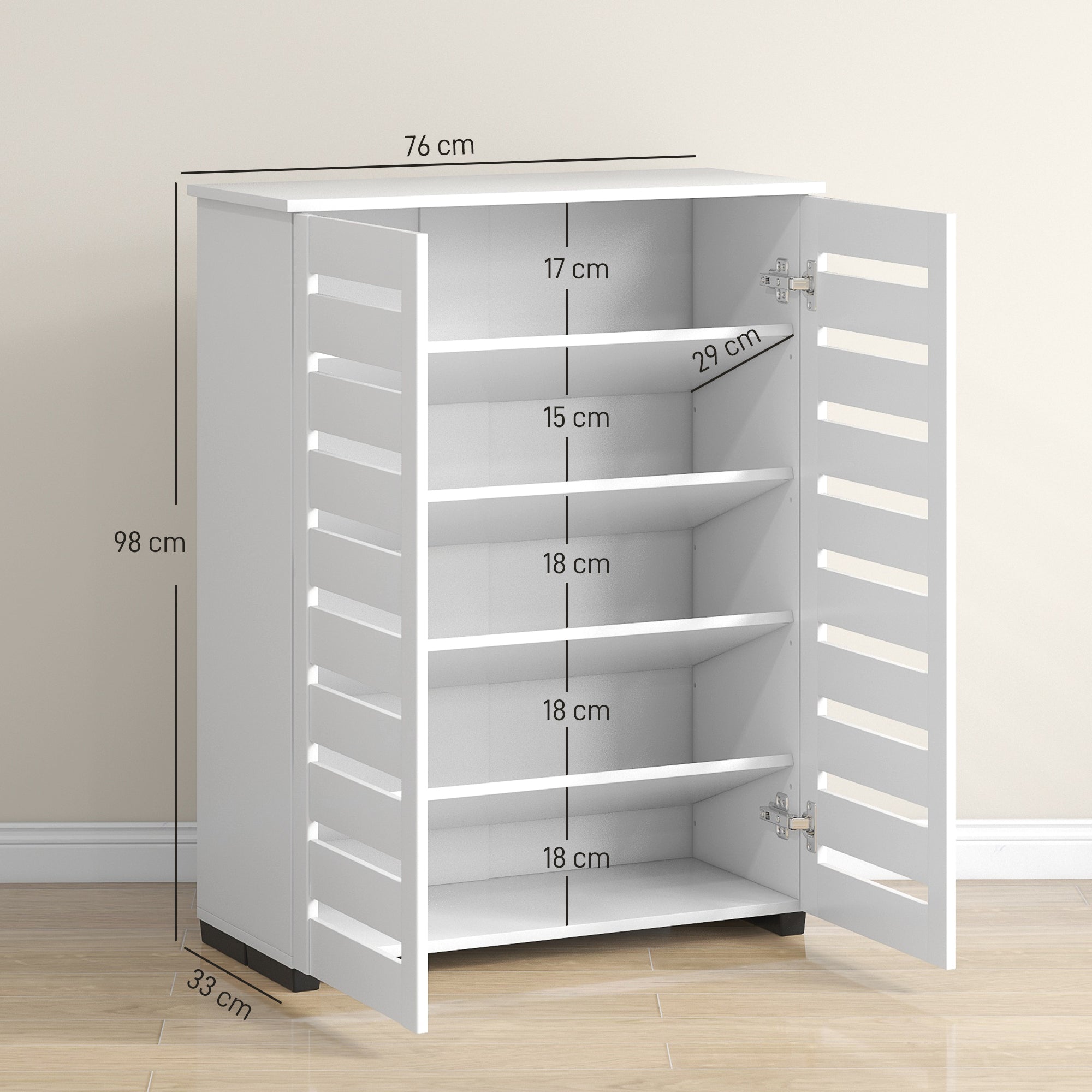 5-Level Shoe Rack with 4 Adjustable Shelves and Slatted Doors, Modern Space-Saving Shoe Organizer in Wood, 76x33x98 cm, White