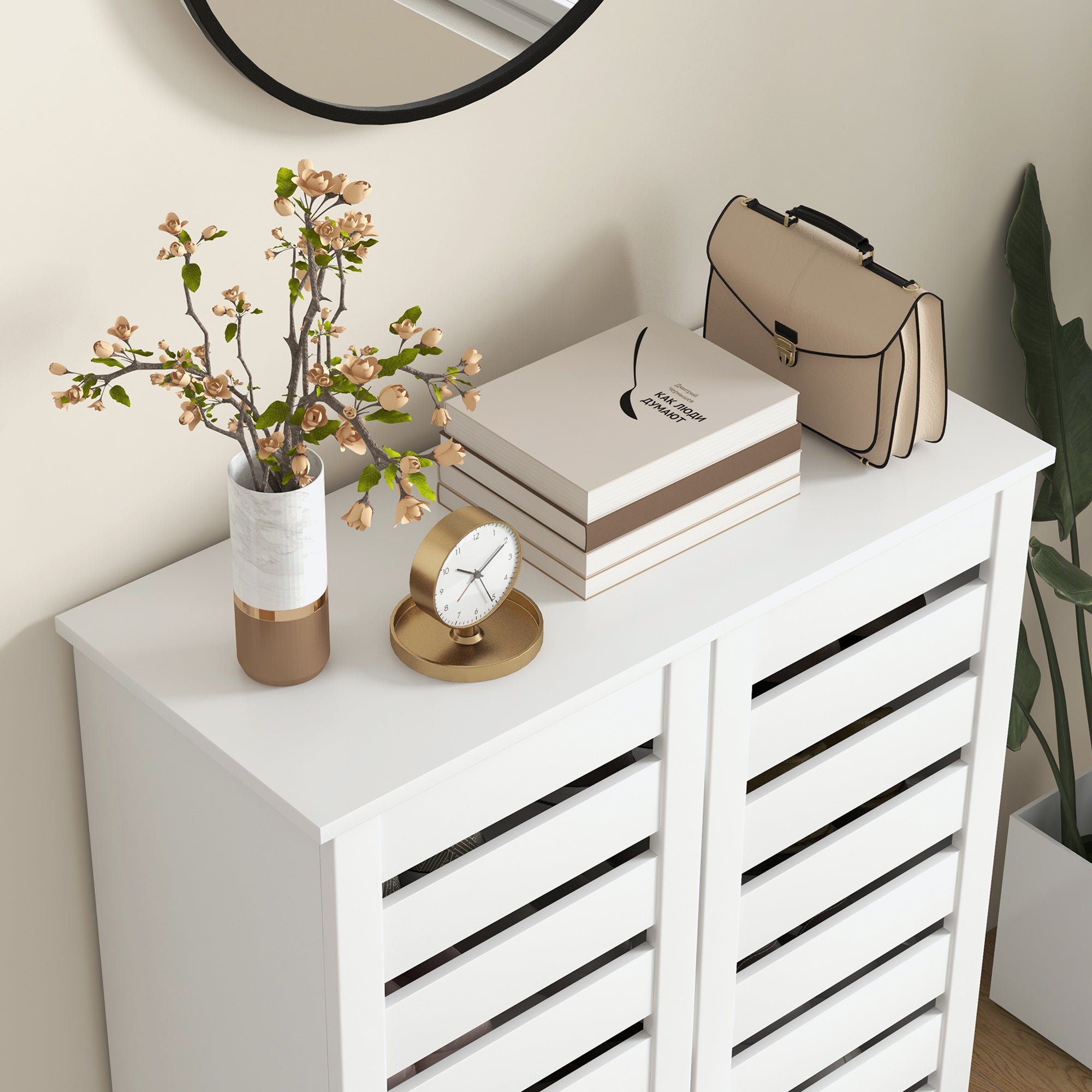 5-Level Shoe Rack with 4 Adjustable Shelves and Slatted Doors, Modern Space-Saving Shoe Organizer in Wood, 76x33x98 cm, White