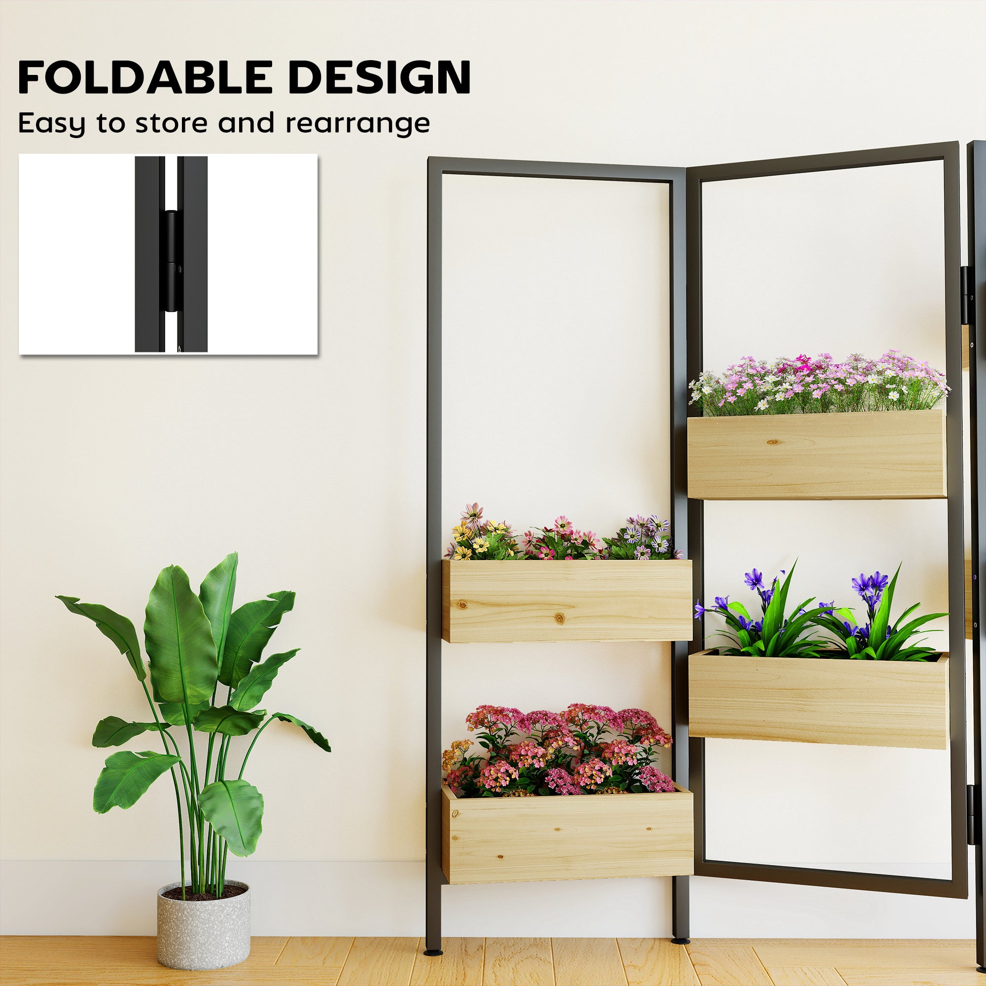 Foldable Vertical Planter & Trellis — 6 Wooden Planters with Drainage, Steel Room Divider for Patio, Balcony & Indoor (45.7 x 7.9 x 44.1 in)