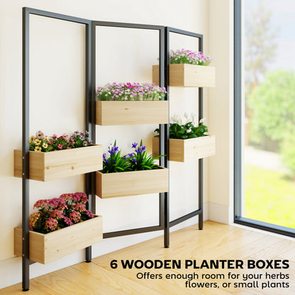 Foldable Vertical Planter & Trellis — 6 Wooden Planters with Drainage, Steel Room Divider for Patio, Balcony & Indoor (45.7 x 7.9 x 44.1 in)