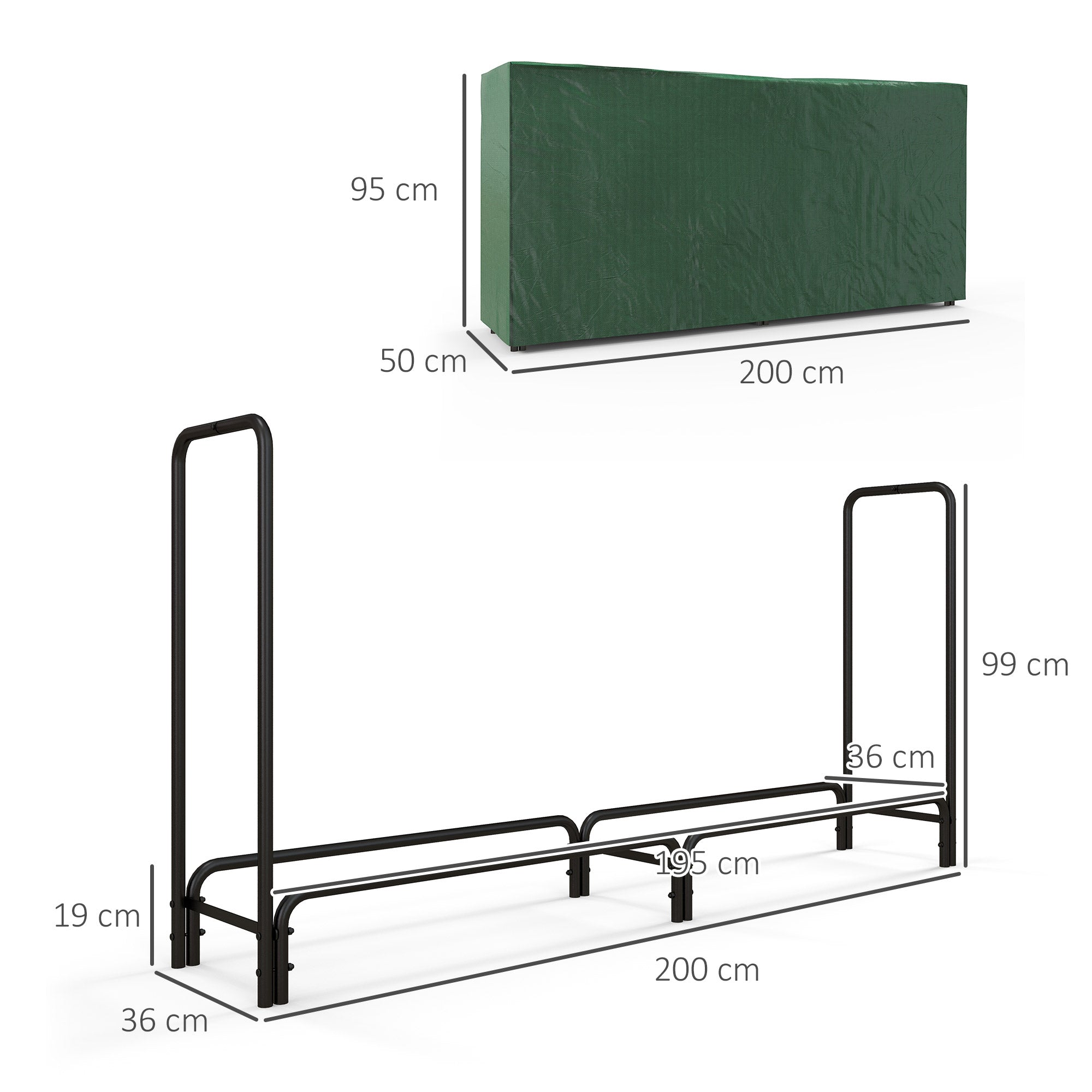 Firewood Rack 200 x 36 x 99 cm Log Rack with Water-Resistant Cover, Adjustable Firewood Storage for Garden, Patio, Metal, Black