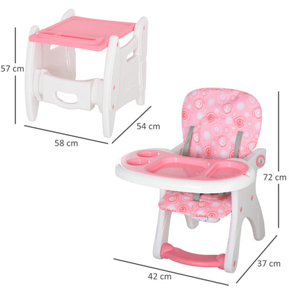 2-in-1 Baby High Chair for 6 Months to 6 Years Convertible into a Multifunctional Adjustable Table and Chair in 3 Positions High Padded Backrest with 2 Removable Trays 57x59x105 cm Pink