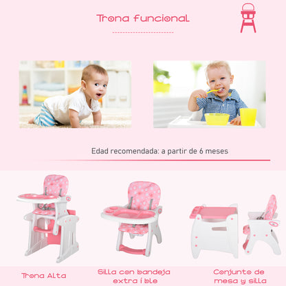 2-in-1 Baby High Chair for 6 Months to 6 Years Convertible into a Multifunctional Adjustable Table and Chair in 3 Positions High Padded Backrest with 2 Removable Trays 57x59x105 cm Pink