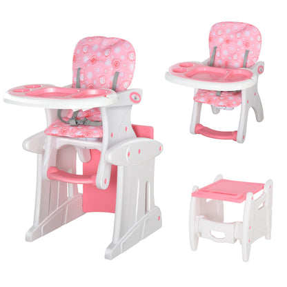 2-in-1 Baby High Chair for 6 Months to 6 Years Convertible into a Multifunctional Adjustable Table and Chair in 3 Positions High Padded Backrest with 2 Removable Trays 57x59x105 cm Pink