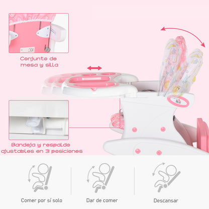 2-in-1 Baby High Chair for 6 Months to 6 Years Convertible into a Multifunctional Adjustable Table and Chair in 3 Positions High Padded Backrest with 2 Removable Trays 57x59x105 cm Pink