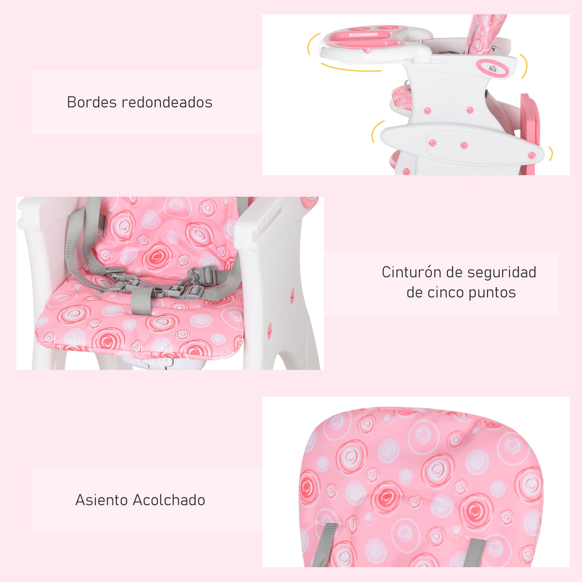 2-in-1 Baby High Chair for 6 Months to 6 Years Convertible into a Multifunctional Adjustable Table and Chair in 3 Positions High Padded Backrest with 2 Removable Trays 57x59x105 cm Pink