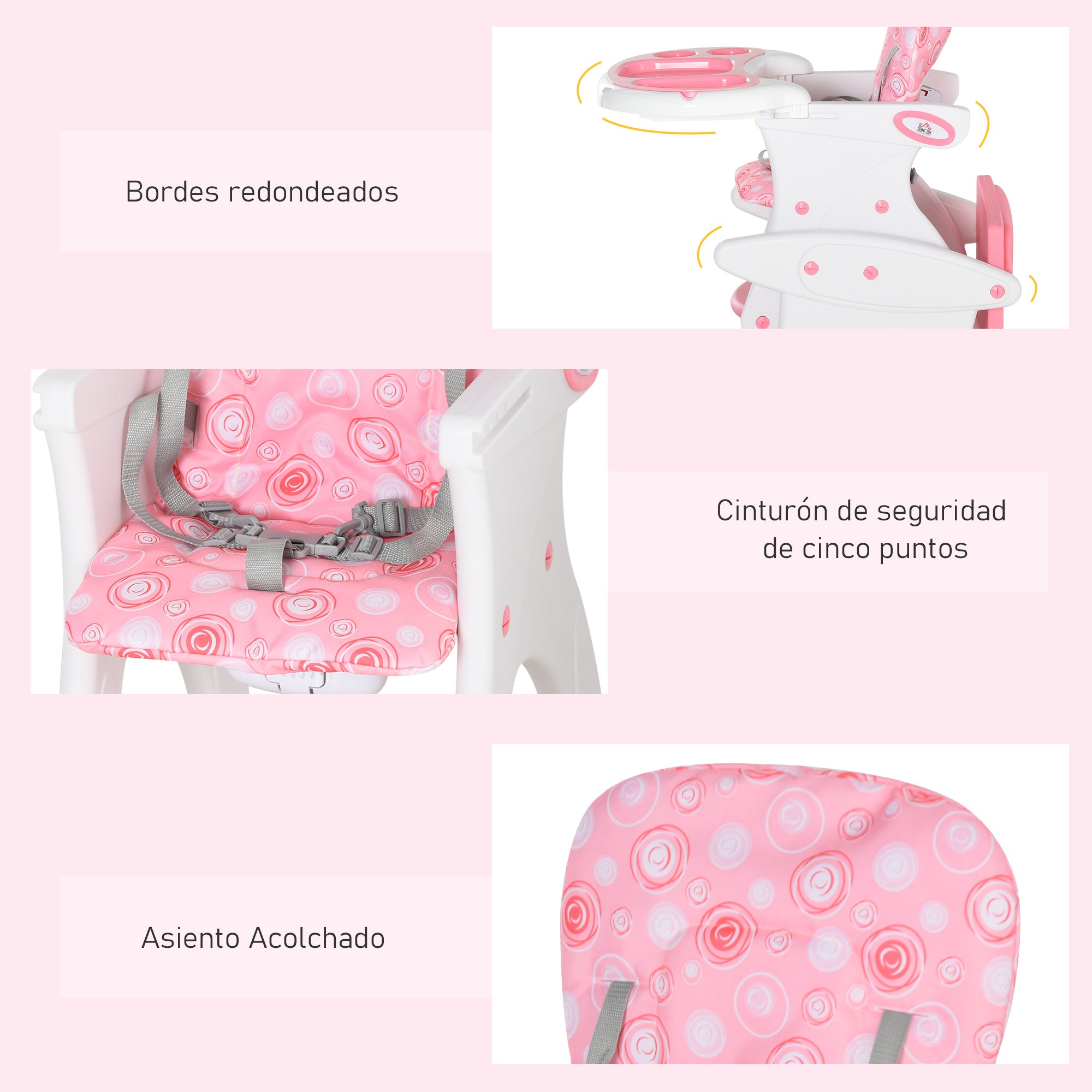 2-in-1 Baby High Chair for 6 Months to 6 Years Convertible into a Multifunctional Adjustable Table and Chair in 3 Positions High Padded Backrest with 2 Removable Trays 57x59x105 cm Pink