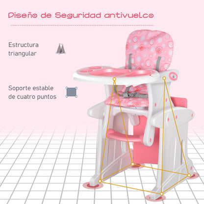 2-in-1 Baby High Chair for 6 Months to 6 Years Convertible into a Multifunctional Adjustable Table and Chair in 3 Positions High Padded Backrest with 2 Removable Trays 57x59x105 cm Pink