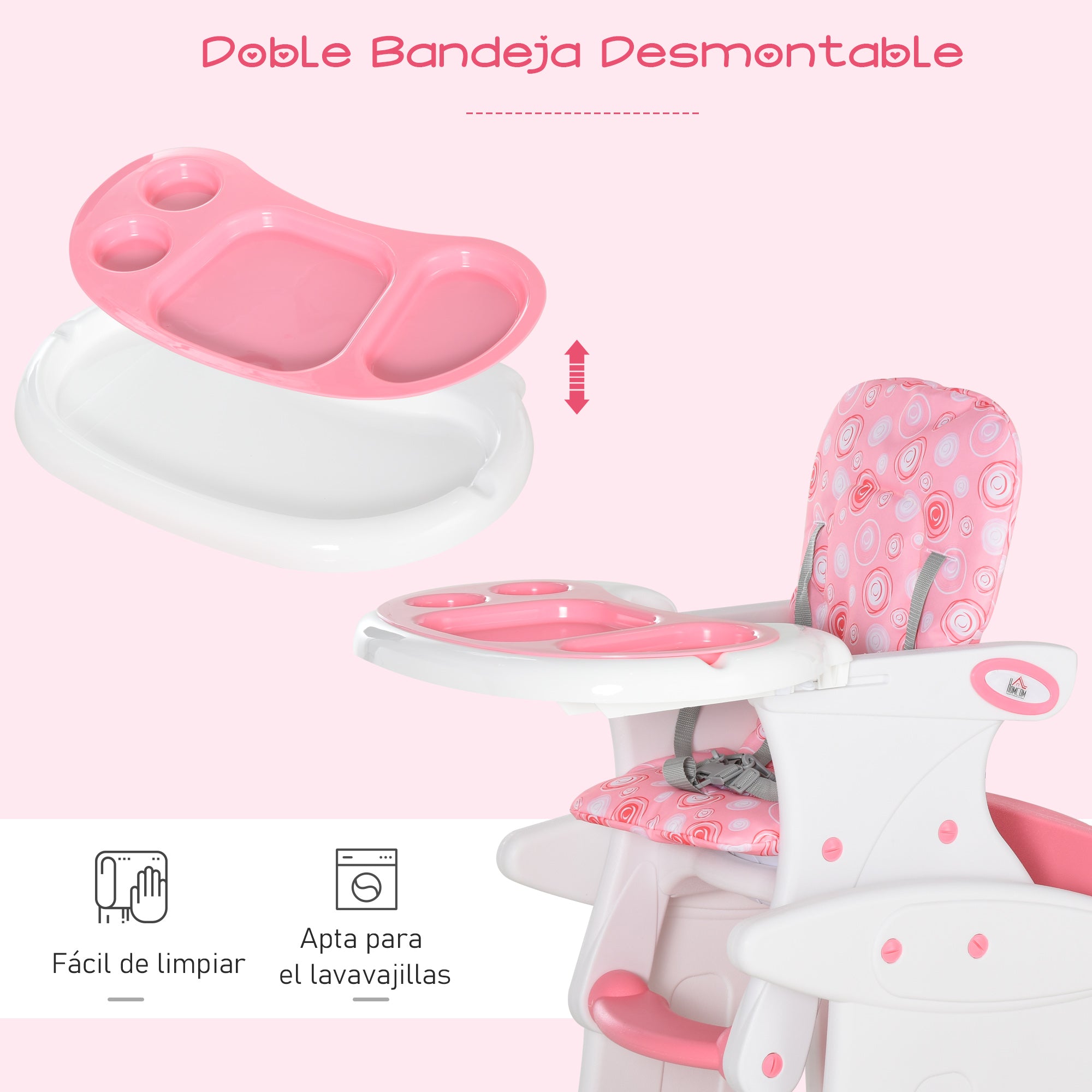2-in-1 Baby High Chair for 6 Months to 6 Years Convertible into a Multifunctional Adjustable Table and Chair in 3 Positions High Padded Backrest with 2 Removable Trays 57x59x105 cm Pink