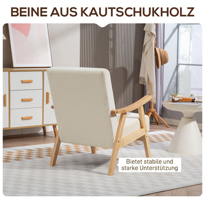 Living Room Armchair Nordic Lounge Chair with Armrest, Seat Cushion, Padded Armchair with Wooden Frame, Armrest Chair with Velvet Look, Upholstered Chair for Bedroom Off-white