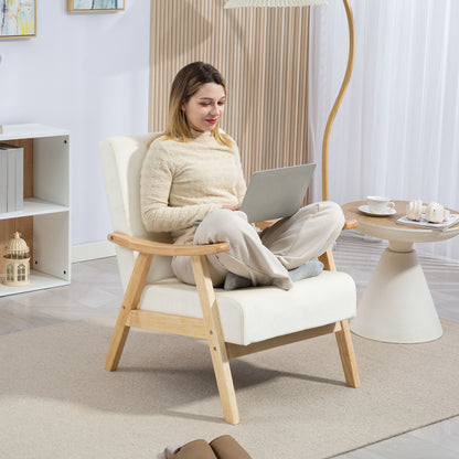 Living Room Armchair Nordic Lounge Chair with Armrest, Seat Cushion, Padded Armchair with Wooden Frame, Armrest Chair with Velvet Look, Upholstered Chair for Bedroom Off-white
