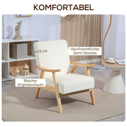 Living Room Armchair Nordic Lounge Chair with Armrest, Seat Cushion, Padded Armchair with Wooden Frame, Armrest Chair with Velvet Look, Upholstered Chair for Bedroom Off-white