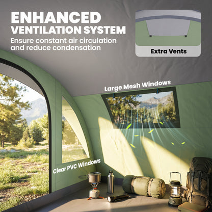 2–4 Person Tunnel Family Tent — 196 cm (6'5") High, 2 Bedrooms, 3000 mm Waterproof, Front Porch & 4 Windows — Light Green