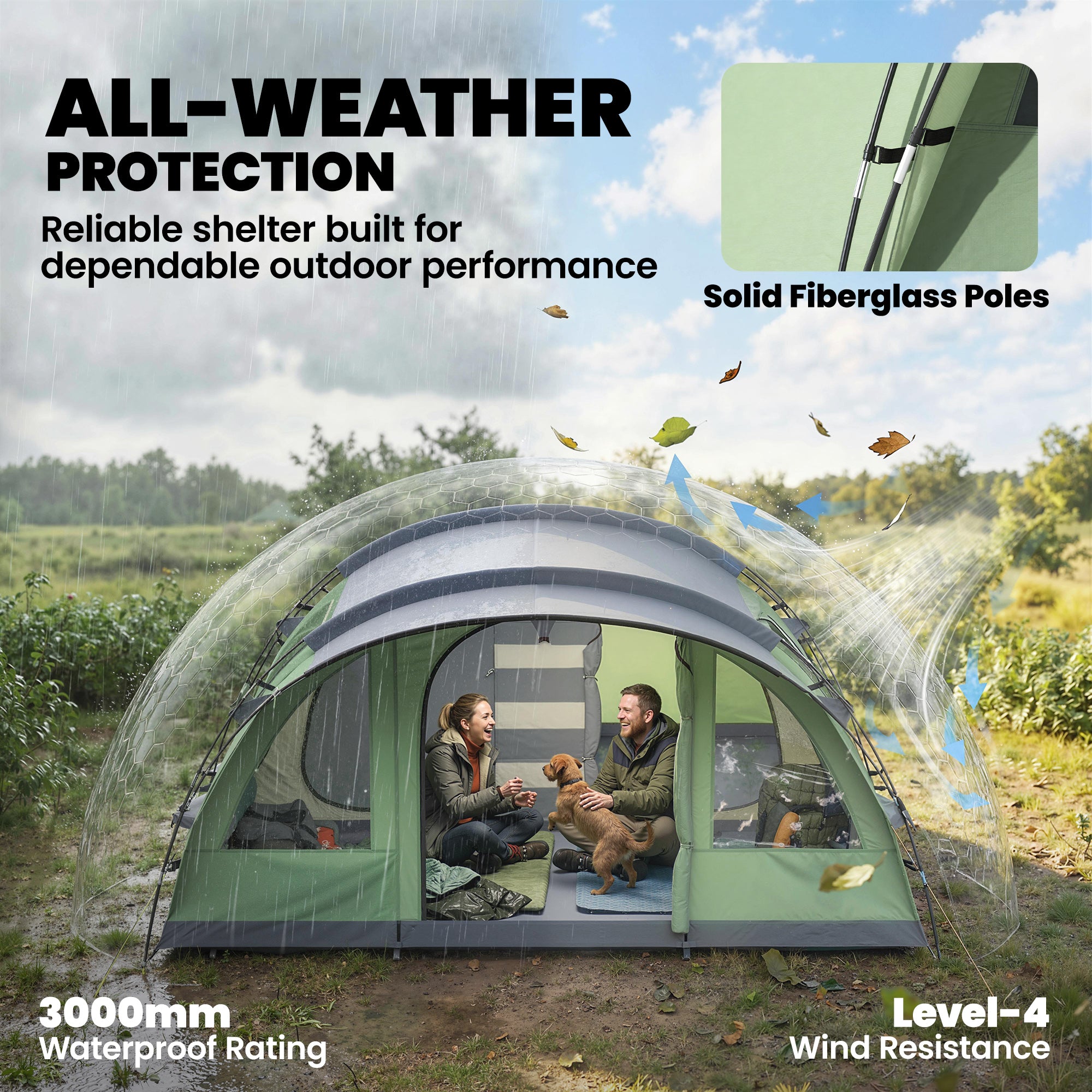 2–4 Person Tunnel Family Tent — 196 cm (6'5") High, 2 Bedrooms, 3000 mm Waterproof, Front Porch & 4 Windows — Light Green