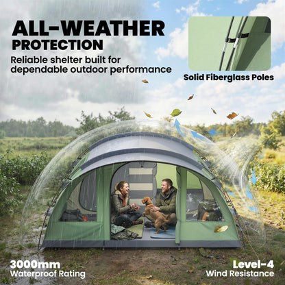 2–4 Person Tunnel Family Tent — 196 cm (6'5") High, 2 Bedrooms, 3000 mm Waterproof, Front Porch & 4 Windows — Light Green