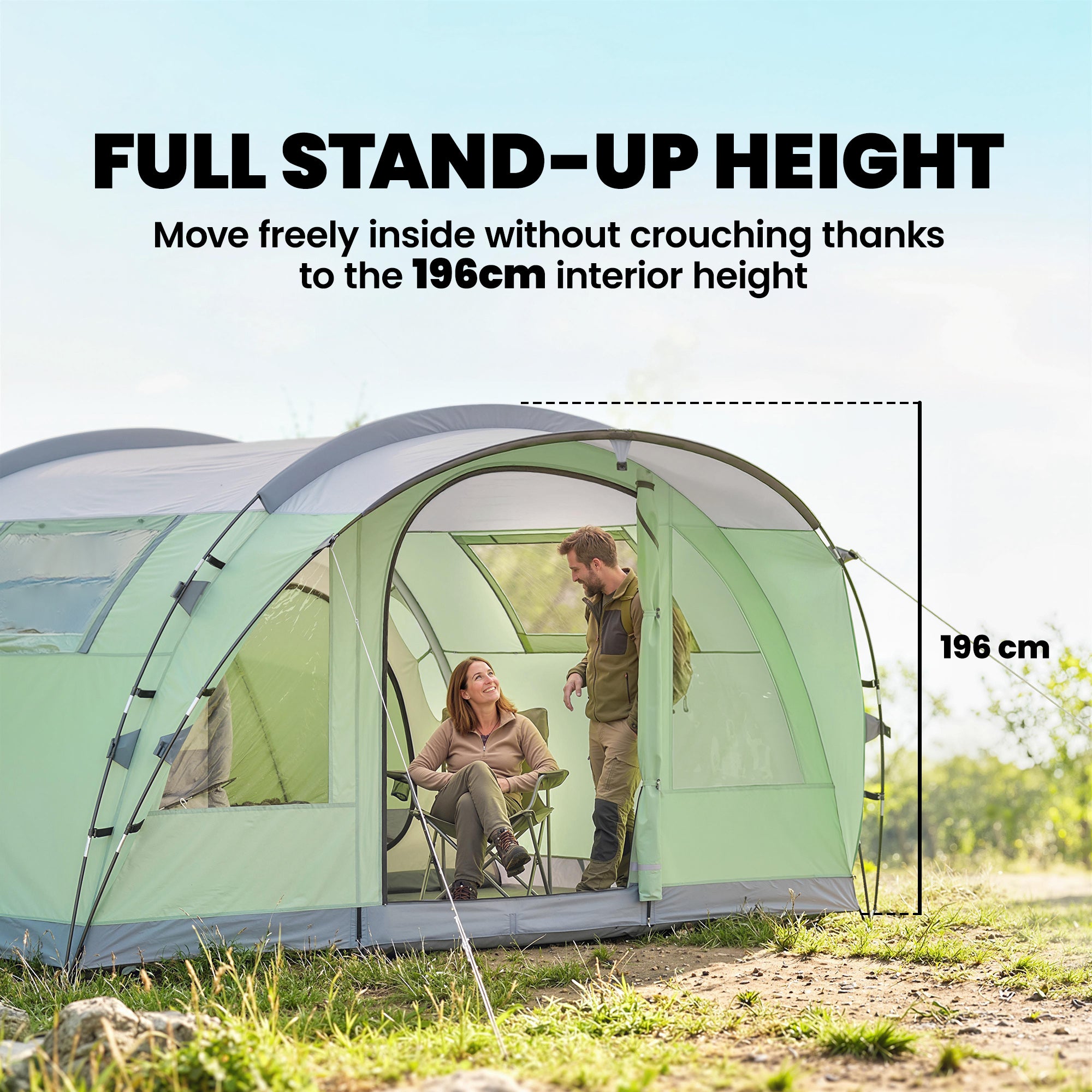 2–4 Person Tunnel Family Tent — 196 cm (6'5") High, 2 Bedrooms, 3000 mm Waterproof, Front Porch & 4 Windows — Light Green