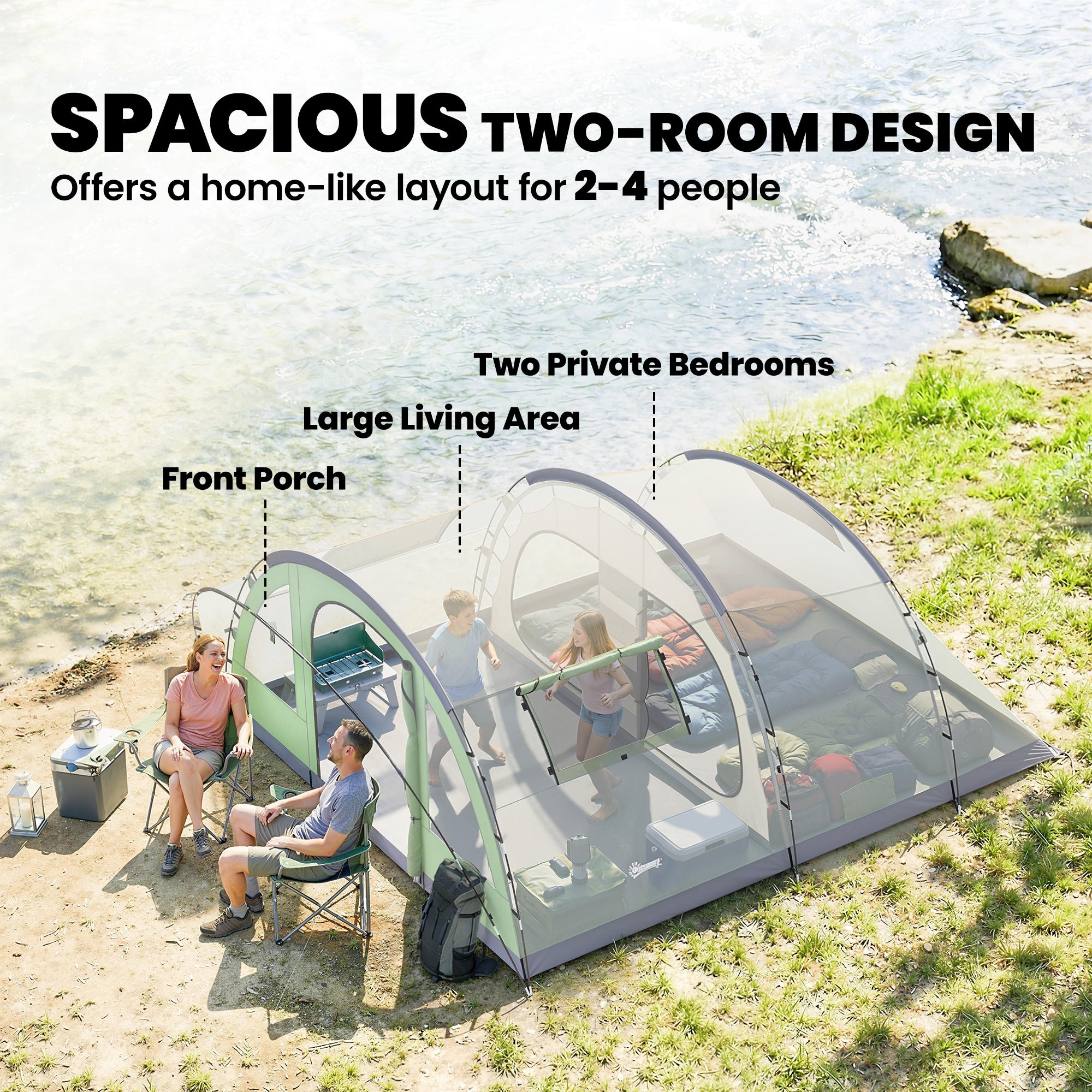 2–4 Person Tunnel Family Tent — 196 cm (6'5") High, 2 Bedrooms, 3000 mm Waterproof, Front Porch & 4 Windows — Light Green