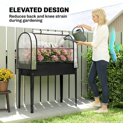 Raised Planter with Removable Greenhouse Cover, Lift-Top Planter Bed with Roll-Up Zip Door, Drainage Hole, Metal Vegetable Planter for Garden/Balcony, 39.4 x 19.3 x 53.5 in (100 x 49 x 136 cm) – Black