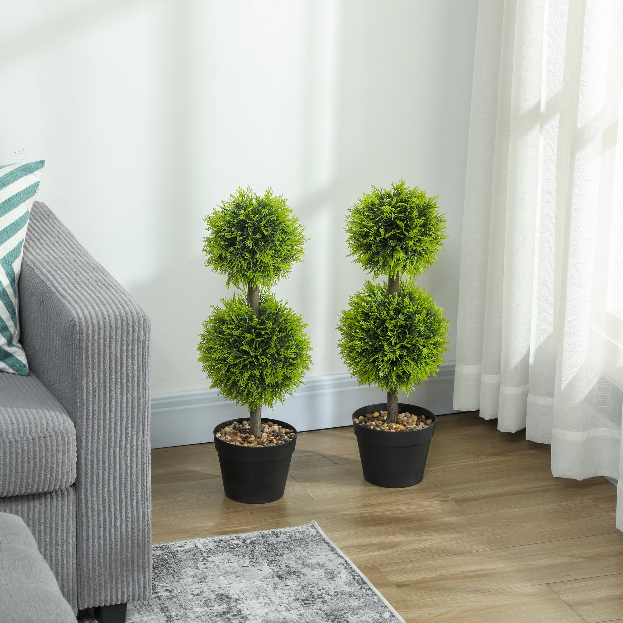 Set of 2 Decorative Artificial Plants, 60 cm Potted Boxwood Topiary Balls, Faux Greenery for Indoor & Outdoor Décor