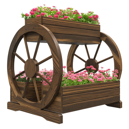 2-Tier Outdoor Wooden Planter with 3 Pots and Cart Wheels Country Style, 64x54x60cm