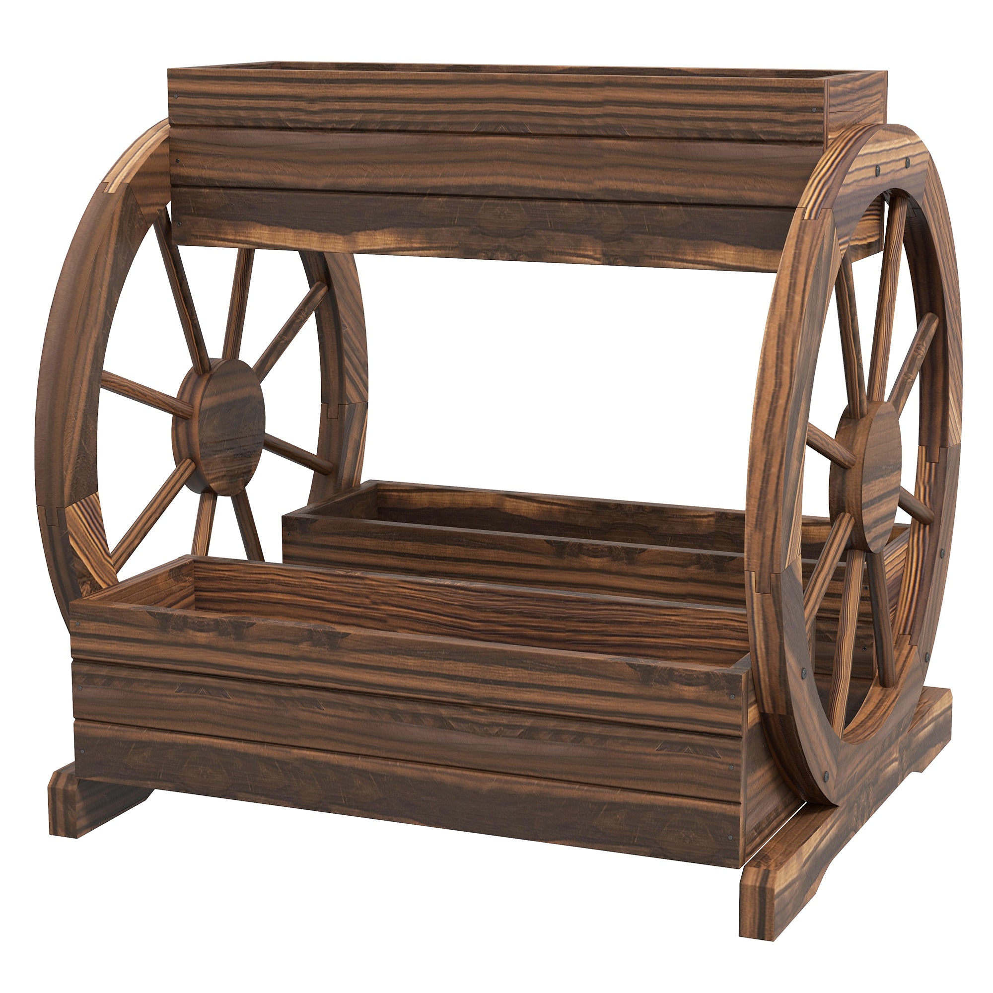 2-Tier Outdoor Wooden Planter with 3 Pots and Cart Wheels Country Style, 64x54x60cm