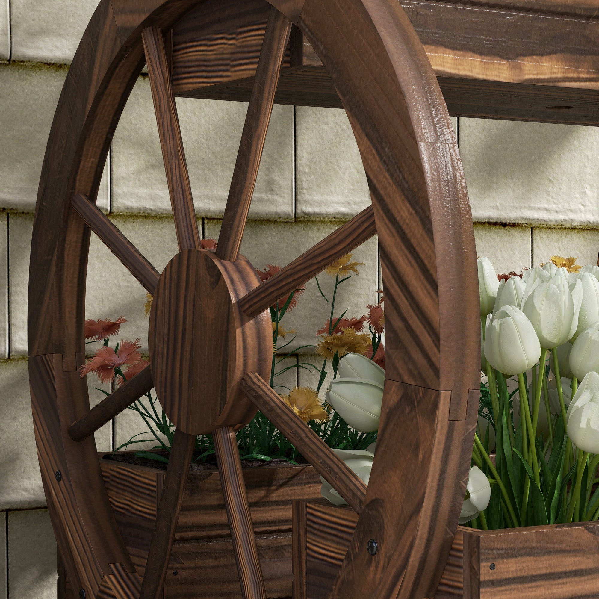 2-Tier Outdoor Wooden Planter with 3 Pots and Cart Wheels Country Style, 64x54x60cm