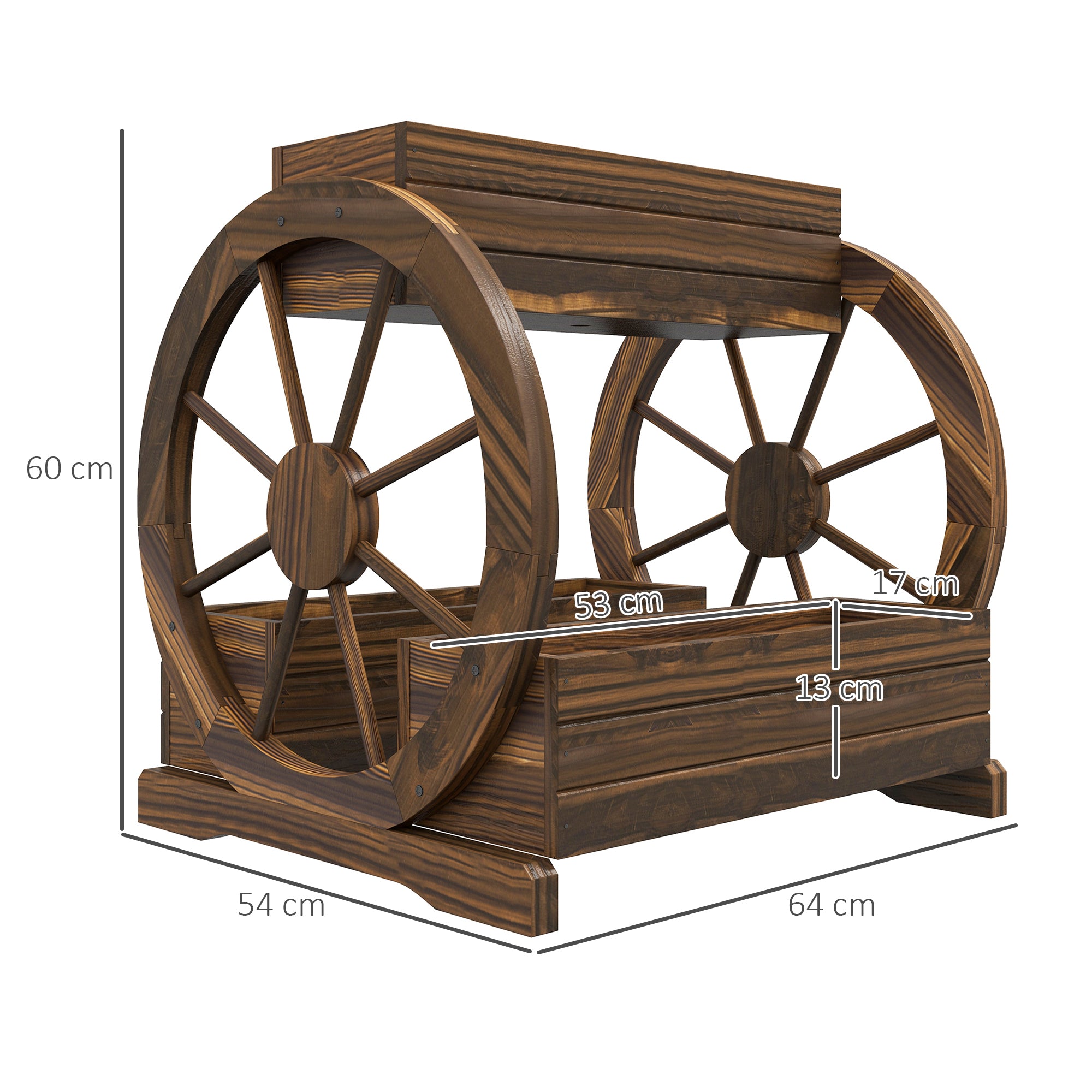 2-Tier Outdoor Wooden Planter with 3 Pots and Cart Wheels Country Style, 64x54x60cm
