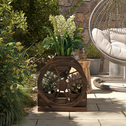 2-Tier Outdoor Wooden Planter with 3 Pots and Cart Wheels Country Style, 64x54x60cm