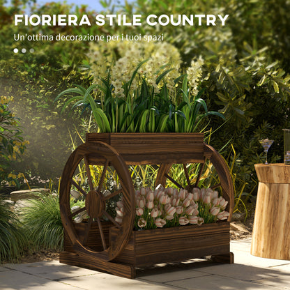 2-Tier Outdoor Wooden Planter with 3 Pots and Cart Wheels Country Style, 64x54x60cm