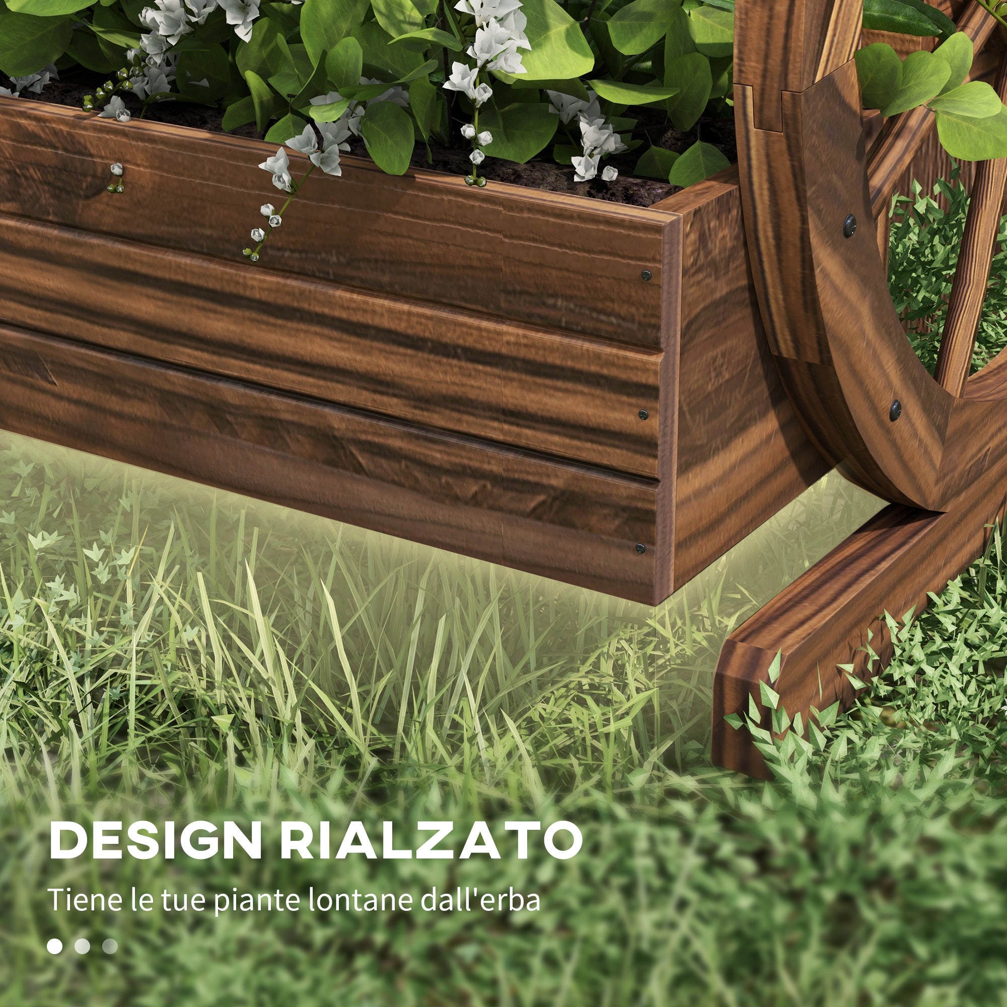 2-Tier Outdoor Wooden Planter with 3 Pots and Cart Wheels Country Style, 64x54x60cm