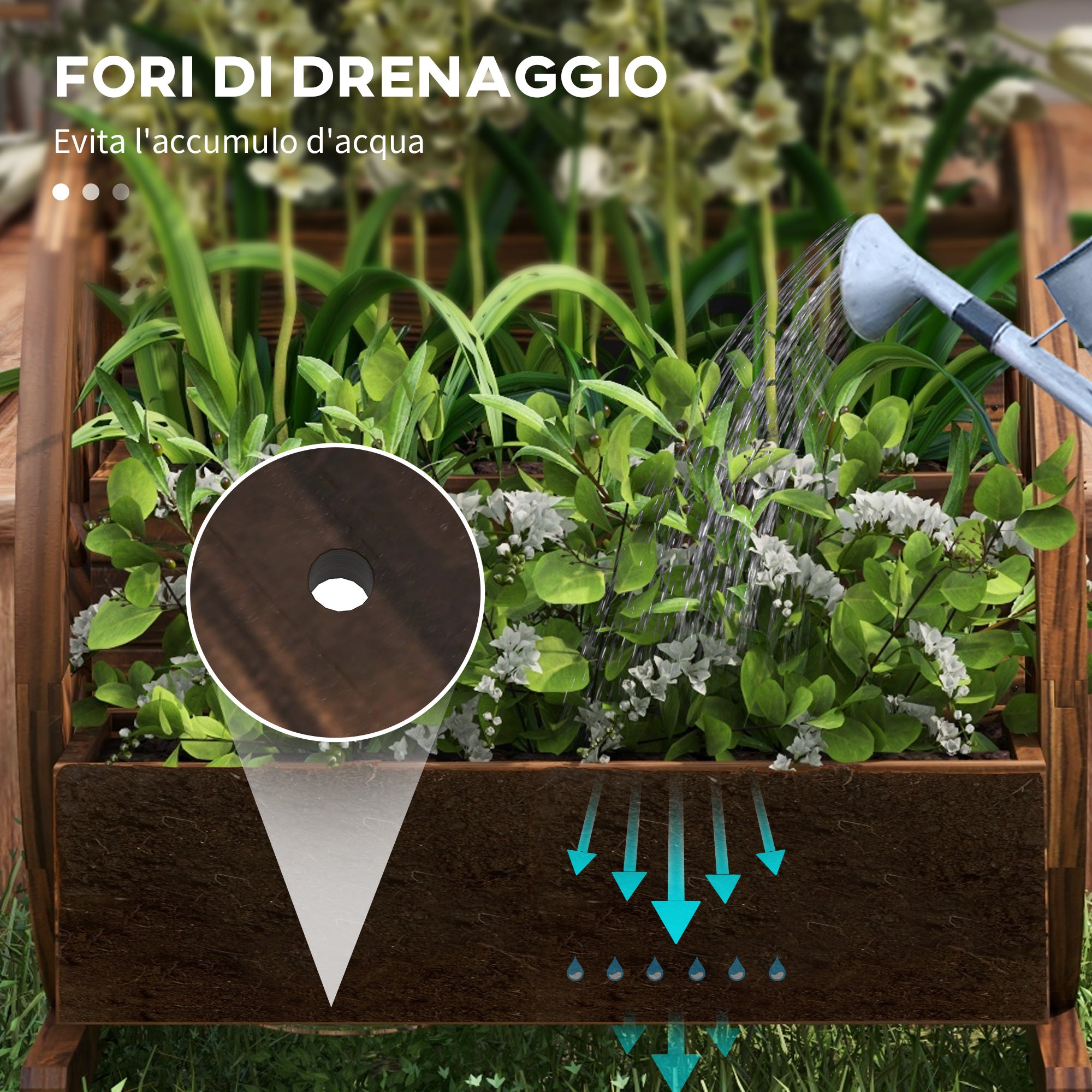 2-Tier Outdoor Wooden Planter with 3 Pots and Cart Wheels Country Style, 64x54x60cm