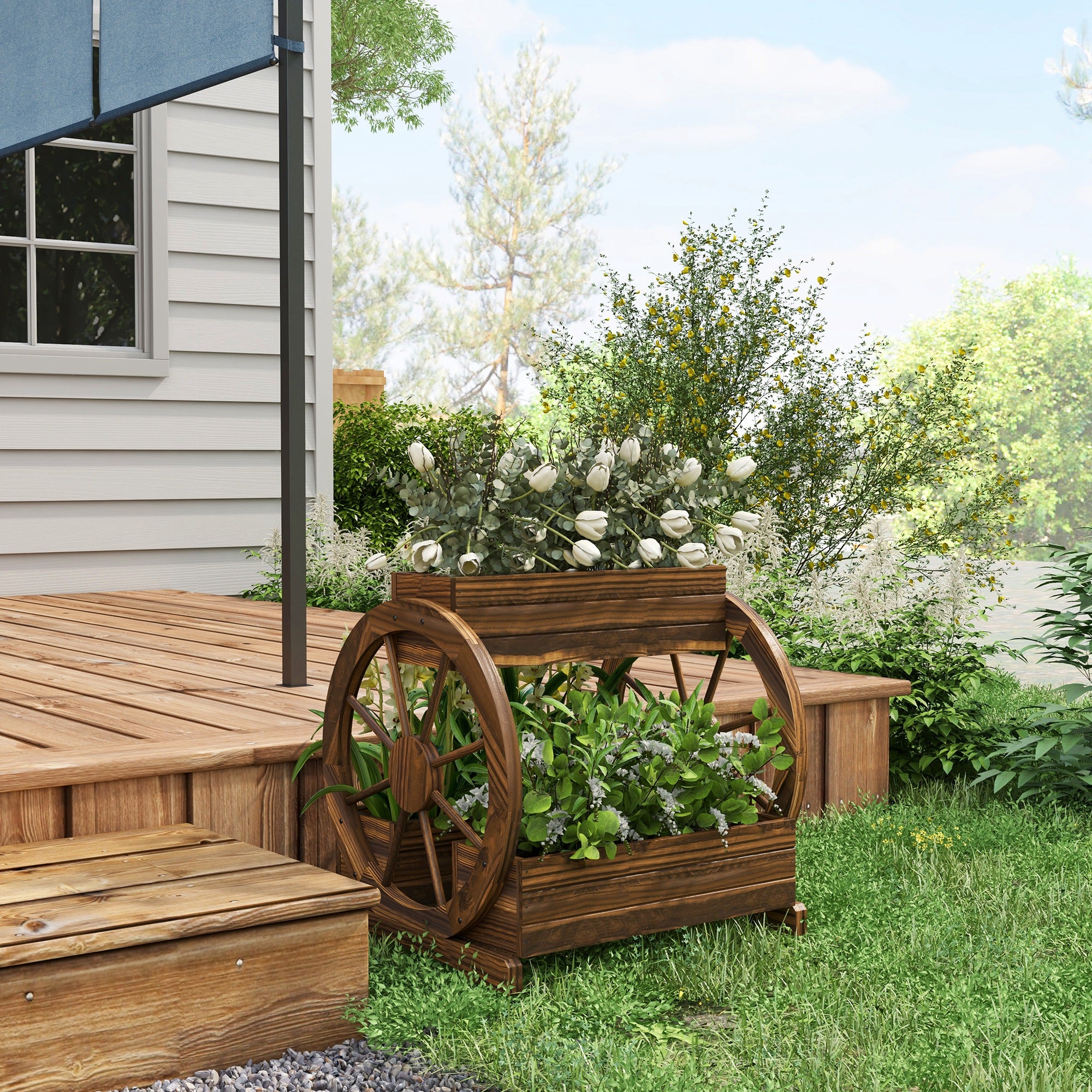 2-Tier Outdoor Wooden Planter with 3 Pots and Cart Wheels Country Style, 64x54x60cm