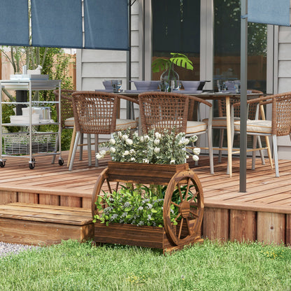 2-Tier Outdoor Wooden Planter with 3 Pots and Cart Wheels Country Style, 64x54x60cm