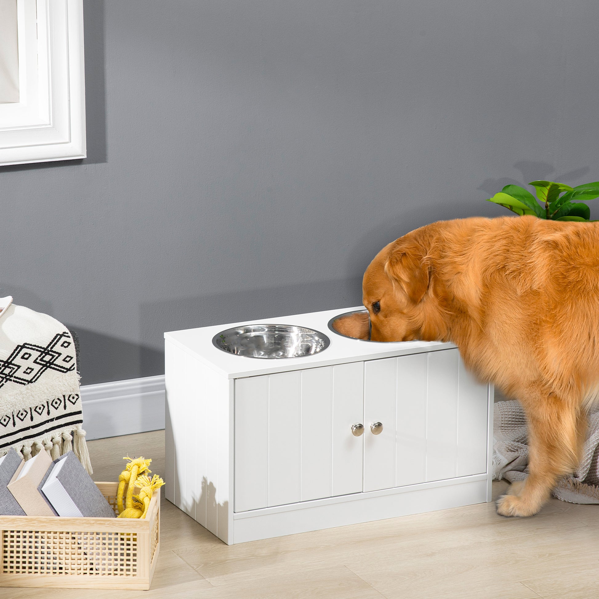 Elevated Dog Bowl Feeding Station with Storage Water Bowl 2 x 2000ml Stainless Steel Bowls Feeding Bowl Dog Bowls Feeding Station for Large Dogs Cats White