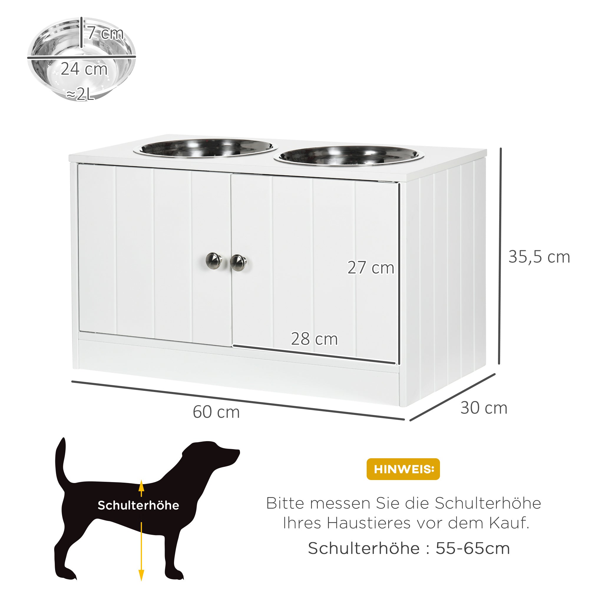 Elevated Dog Bowl Feeding Station with Storage Water Bowl 2 x 2000ml Stainless Steel Bowls Feeding Bowl Dog Bowls Feeding Station for Large Dogs Cats White