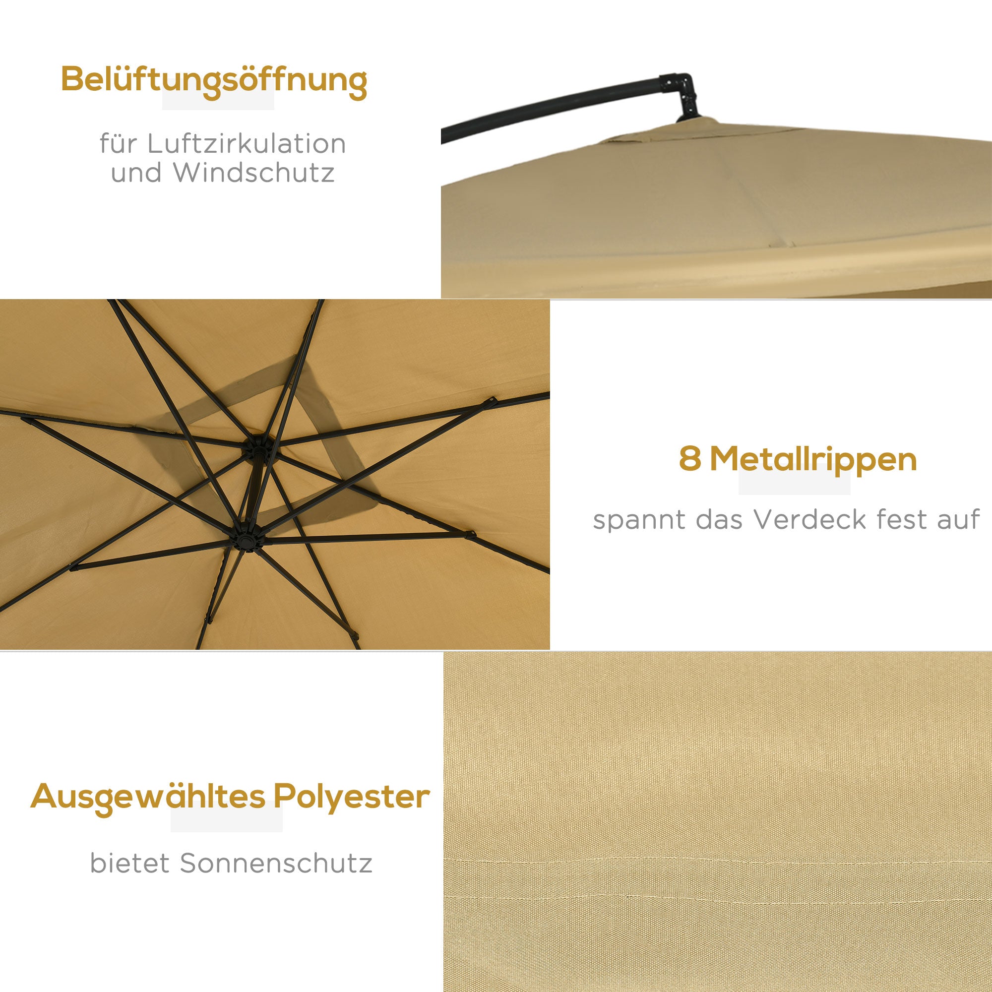 Cantilever Umbrella, 295 x 295 cm Sun Umbrella with Net Sides, Tilt Market Umbrella, Garden Umbrella with Umbrella Weight, for Patio, Balcony, Steel, Polyester Beige