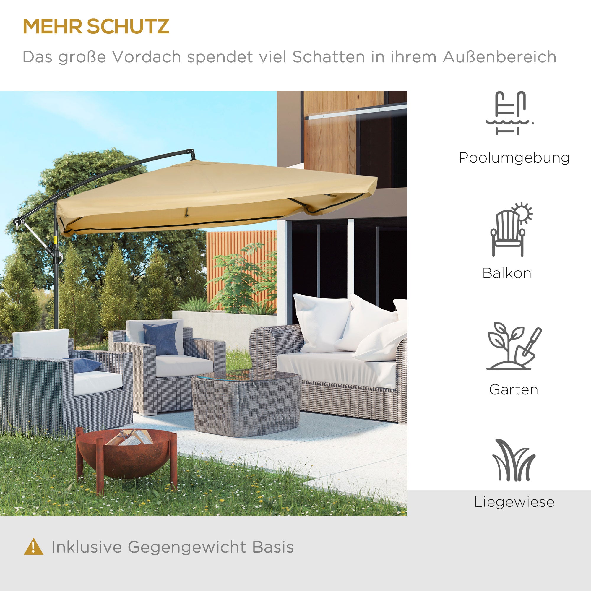 Cantilever Umbrella, 295 x 295 cm Sun Umbrella with Net Sides, Tilt Market Umbrella, Garden Umbrella with Umbrella Weight, for Patio, Balcony, Steel, Polyester Beige