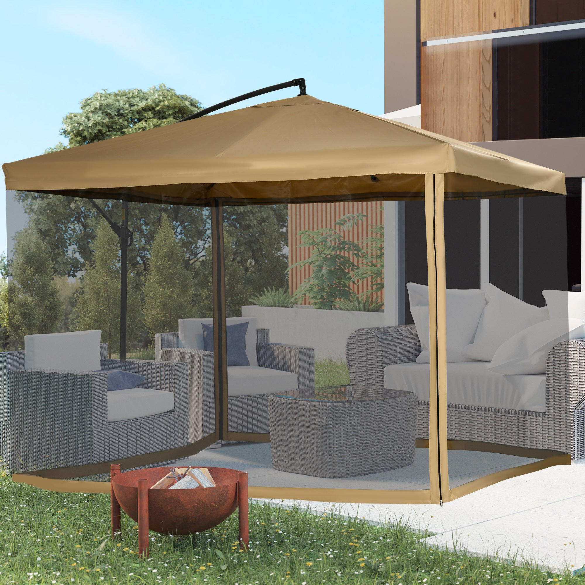 Cantilever Umbrella, 295 x 295 cm Sun Umbrella with Net Sides, Tilt Market Umbrella, Garden Umbrella with Umbrella Weight, for Patio, Balcony, Steel, Polyester Beige