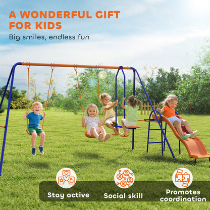 4-in-1 Children's Swing Set with 2 Single Swings 1 Glider 1 Slide Adjustable Rope and Anti-UV for Outdoor Multicolor