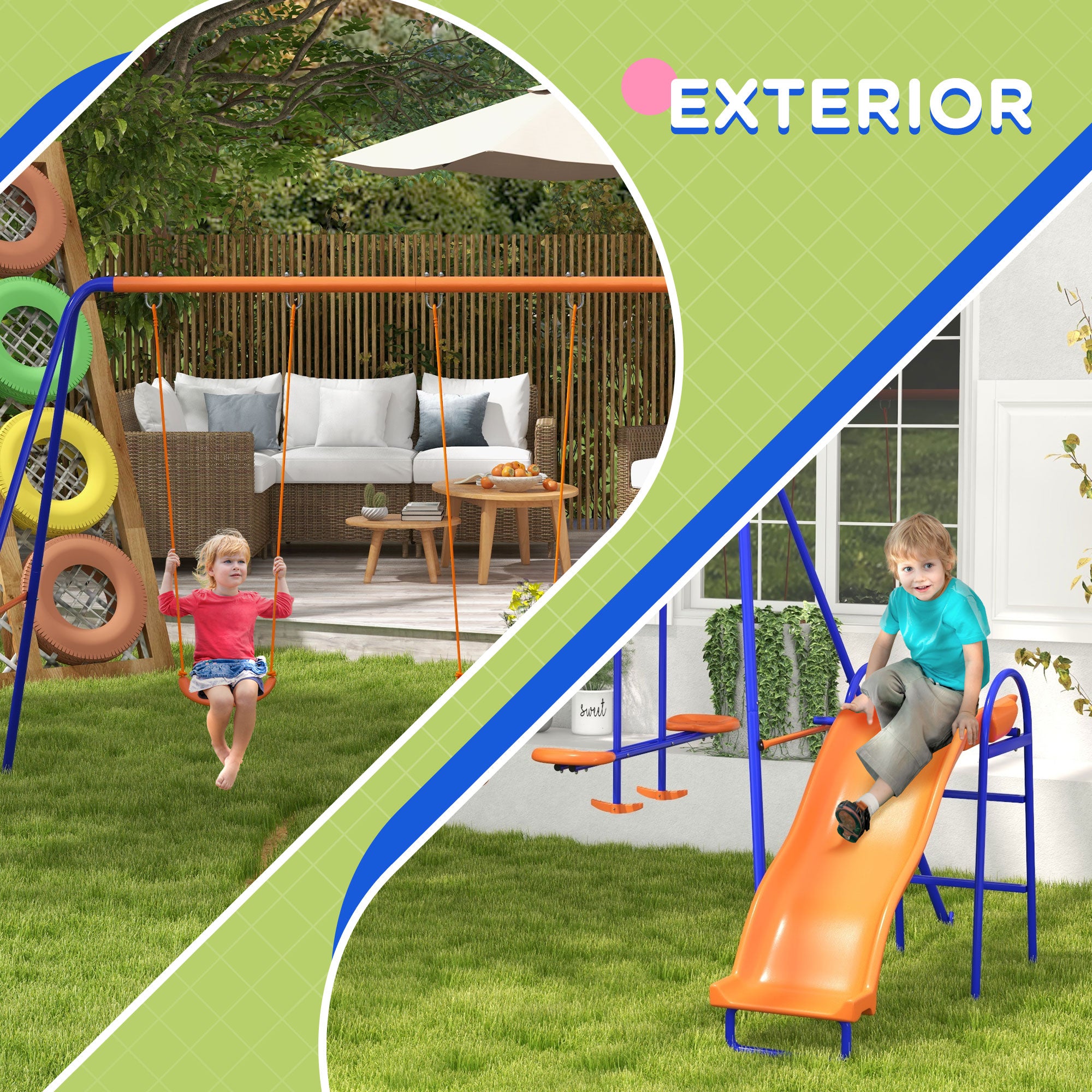 4-in-1 Children's Swing Set with 2 Single Swings 1 Glider 1 Slide Adjustable Rope and Anti-UV for Outdoor Multicolor
