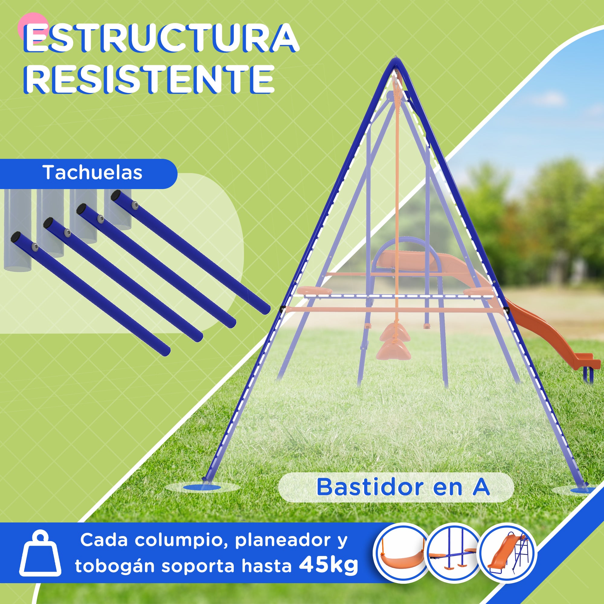 4-in-1 Children's Swing Set with 2 Single Swings 1 Glider 1 Slide Adjustable Rope and Anti-UV for Outdoor Multicolor