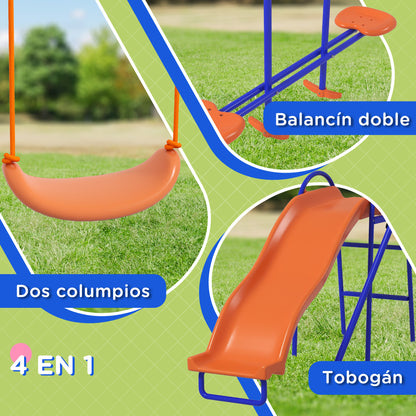 4-in-1 Children's Swing Set with 2 Single Swings 1 Glider 1 Slide Adjustable Rope and Anti-UV for Outdoor Multicolor