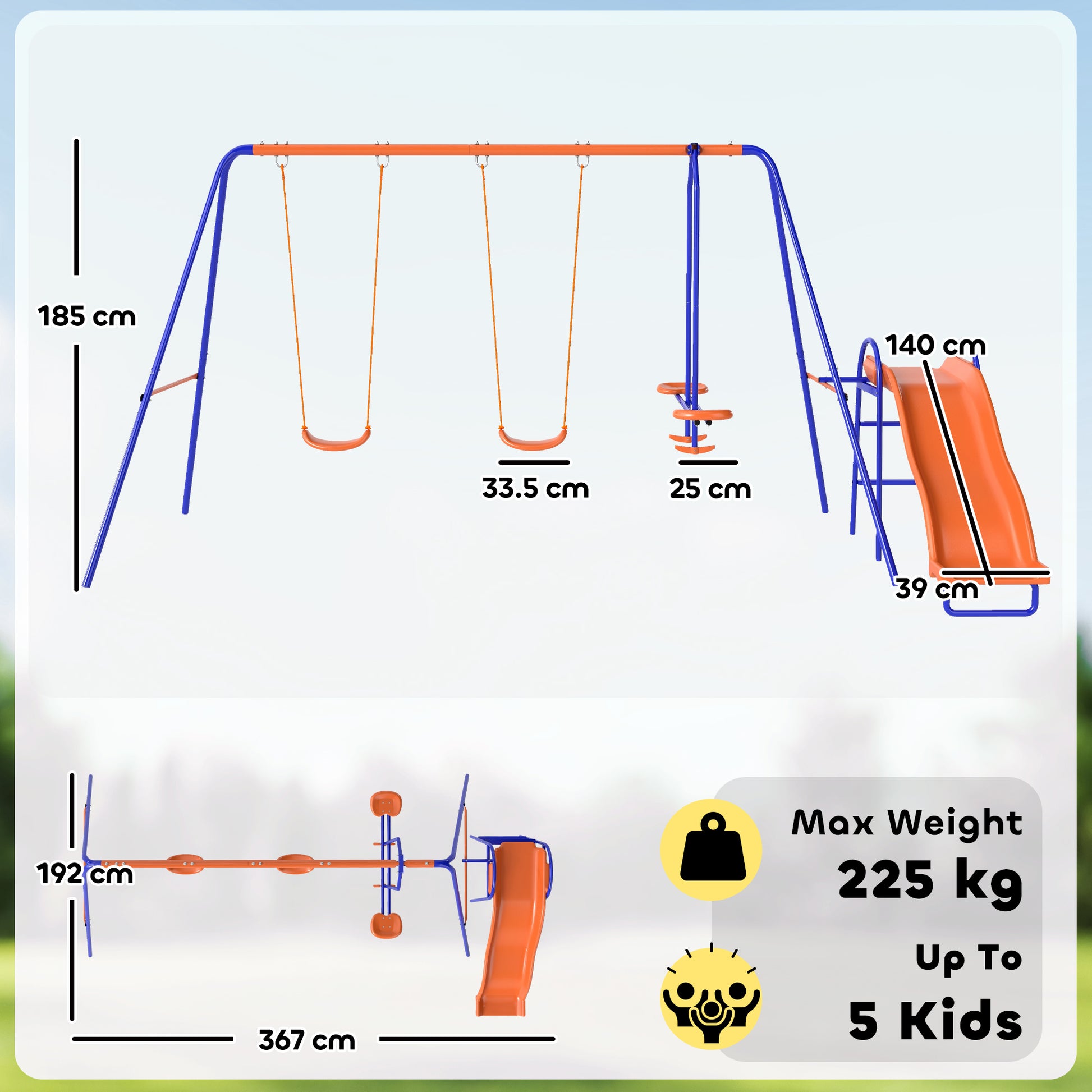 4-in-1 Children's Swing Set with 2 Single Swings 1 Glider 1 Slide Adjustable Rope and Anti-UV for Outdoor Multicolor