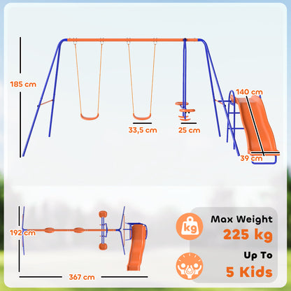 4-in-1 Children's Swing Set with 2 Single Swings 1 Glider 1 Slide Adjustable Rope and Anti-UV for Outdoor Multicolor