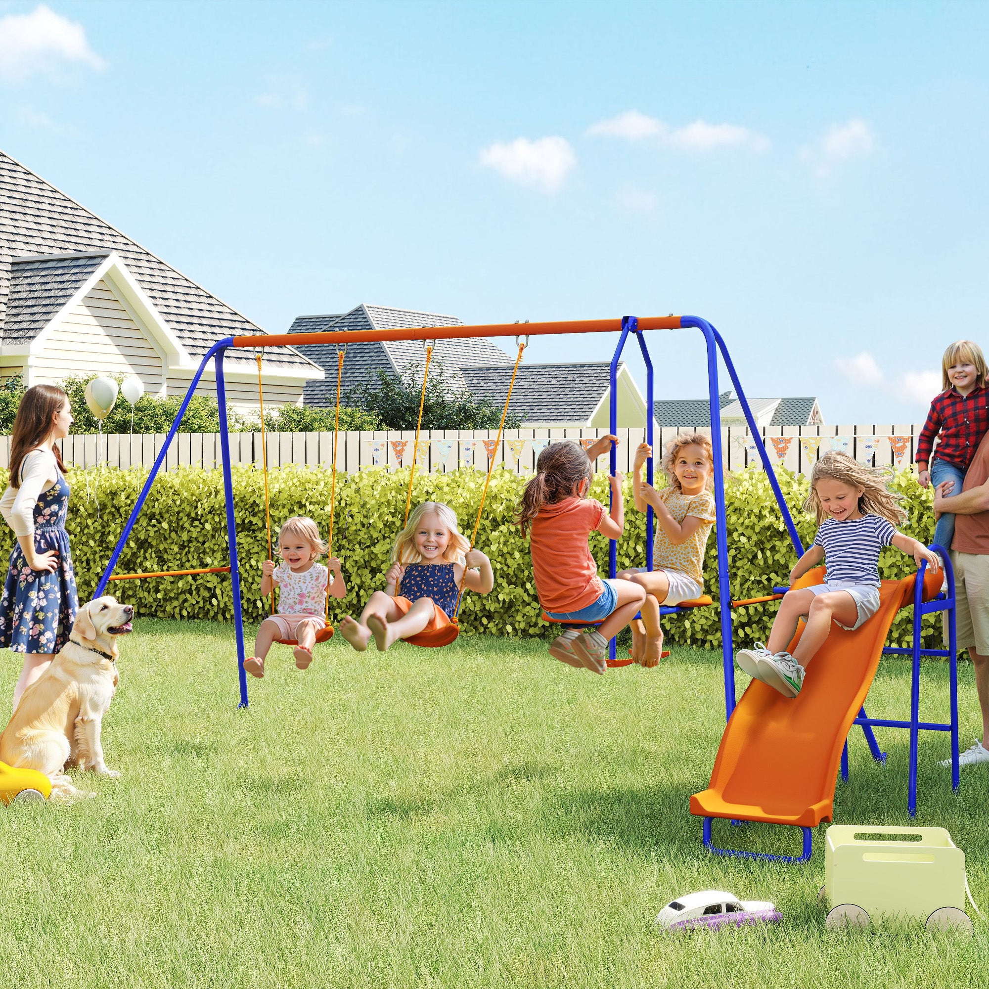 4-in-1 Children's Swing Set with 2 Single Swings 1 Glider 1 Slide Adjustable Rope and Anti-UV for Outdoor Multicolor