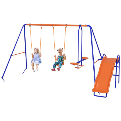 4-in-1 Children's Swing Set with 2 Single Swings 1 Glider 1 Slide Adjustable Rope and Anti-UV for Outdoor Multicolor