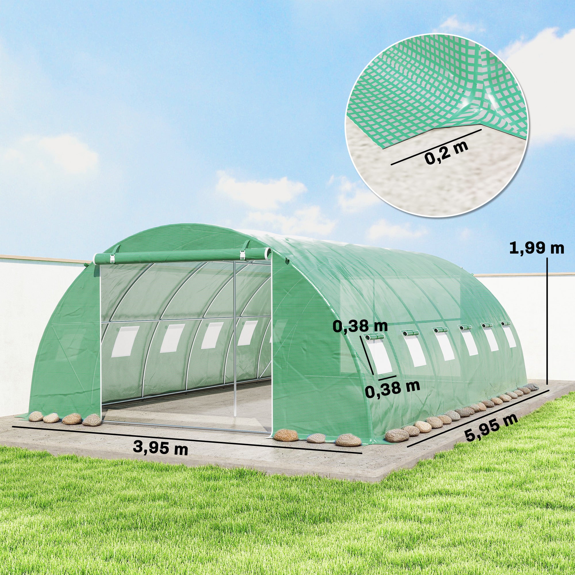Outdoor Greenhouse 6 x 4 x 2 m (19.7 x 13.1 x 6.6 ft) Tunnel Greenhouse with 2 Support Bars, Roll-Up Doors, Mesh Windows, PE Cover & Galvanized Steel Frame, UV-Proof, Waterproof, Green