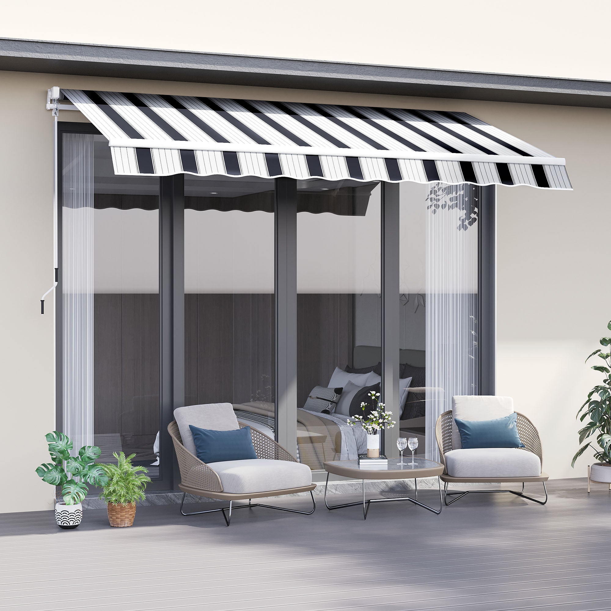 Retractable Awning 2.5x2m with Manual Crank, Outdoor Sunshade Awning in Aluminum and Polyester Fabric, 280 g/m², UV50+, Blue and White