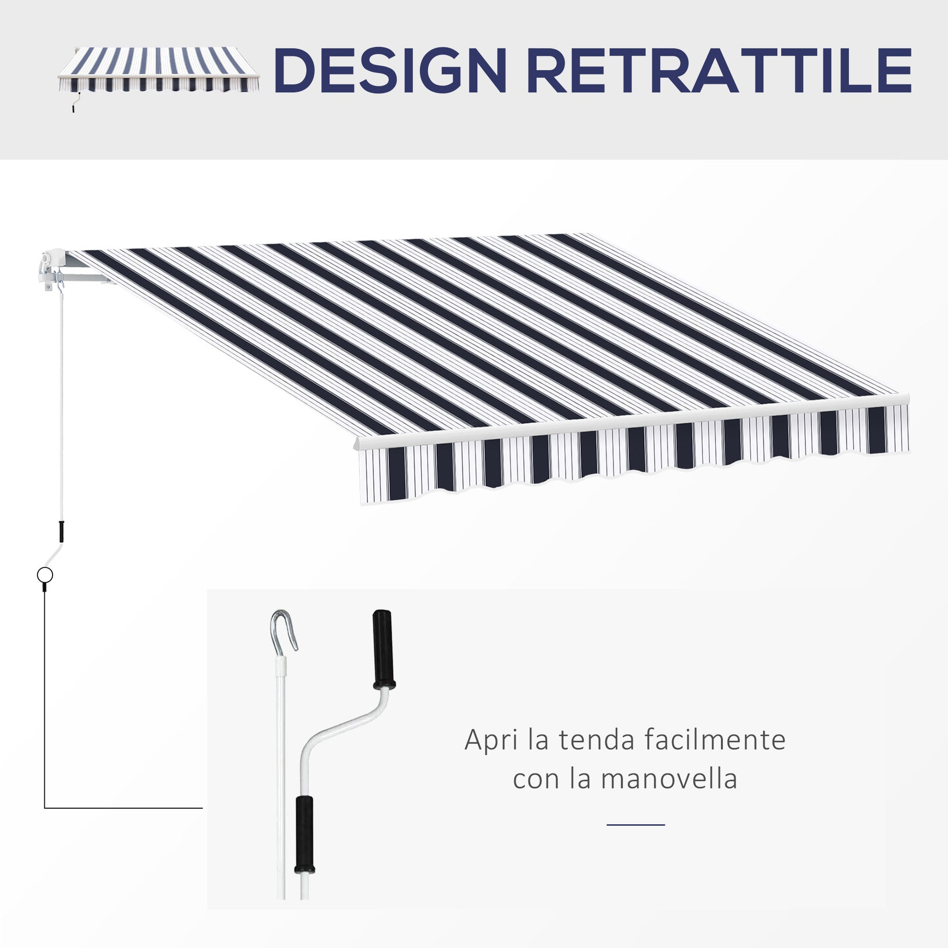 Retractable Awning 2.5x2m with Manual Crank, Outdoor Sunshade Awning in Aluminum and Polyester Fabric, 280 g/m², UV50+, Blue and White